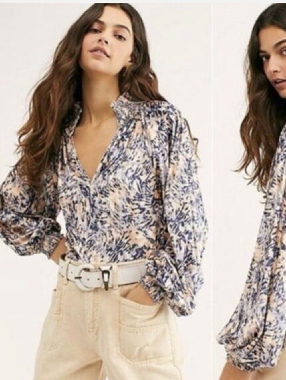 FREE PEOPLE 'Go Get 'Em' Crushed Velvet Balloon Sleeve Blouse Pink Blue MED NWOT - Picture 16 of 16